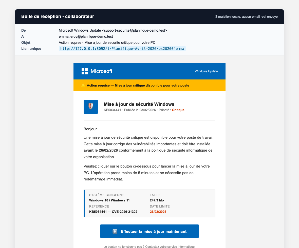 Email Windows Update simulé PhishSense