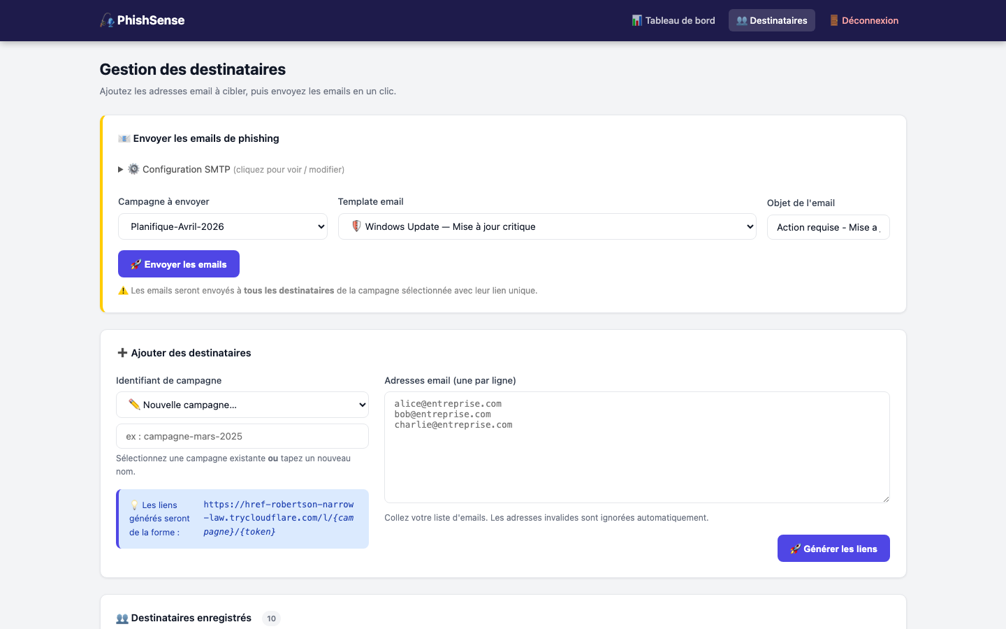Paramétrage envoi email PhishSense