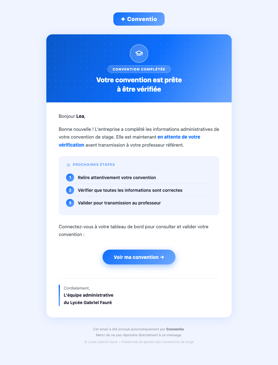 Email validation étudiant Conventio