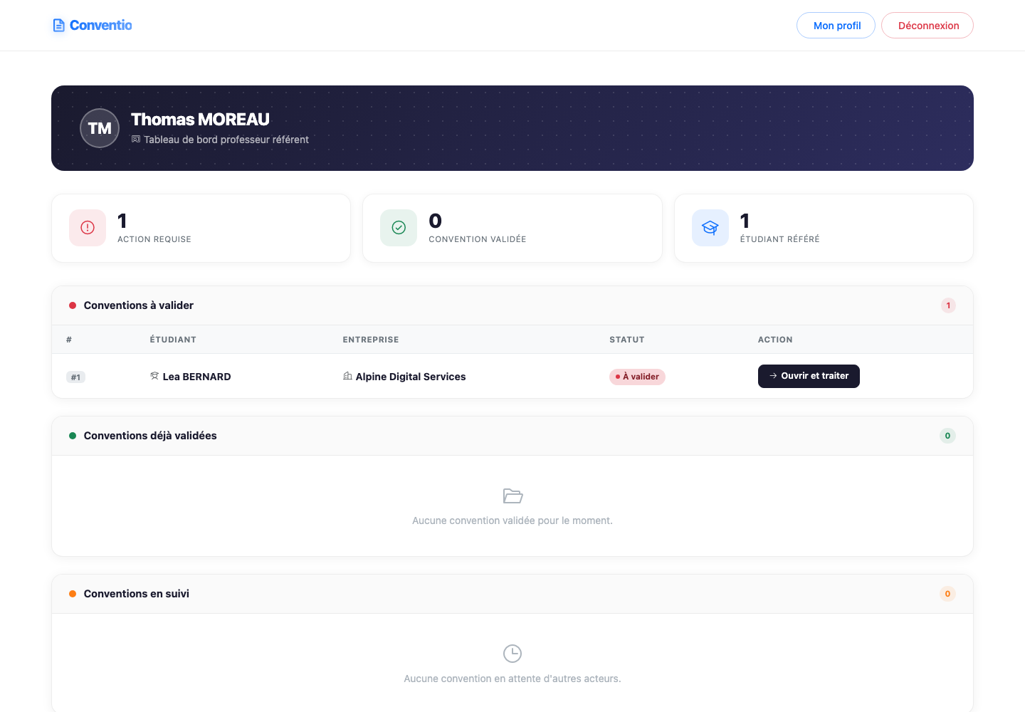 Dashboard professeur Conventio