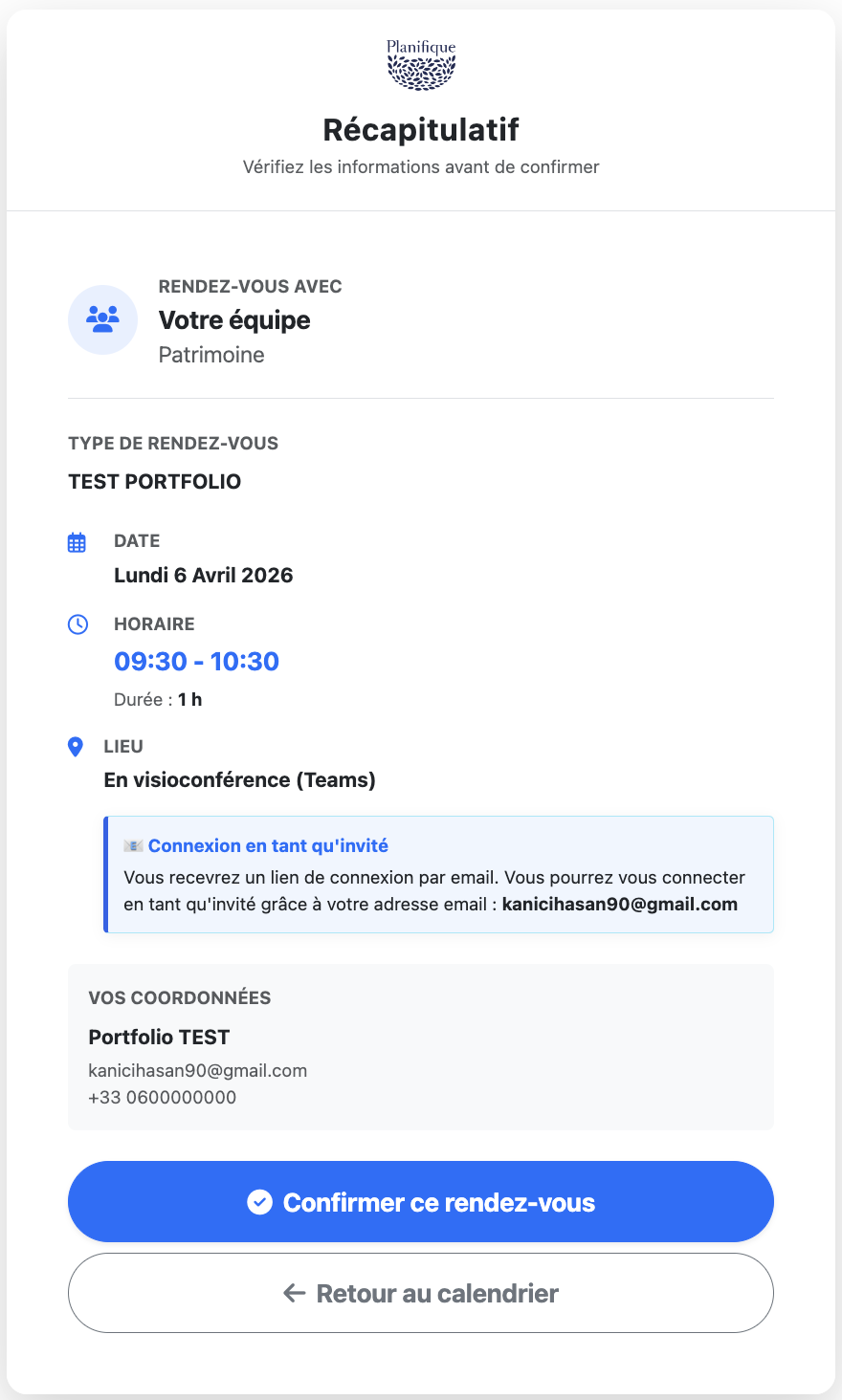 Récapitulatif de rendez-vous Planifique