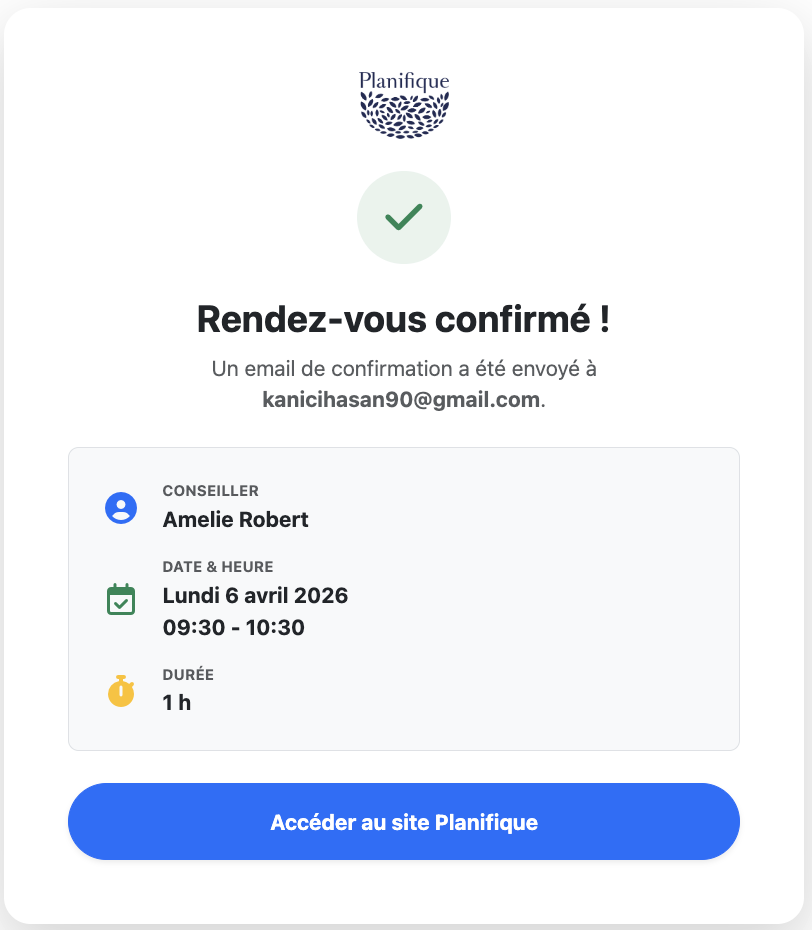 Confirmation de rendez-vous Planifique