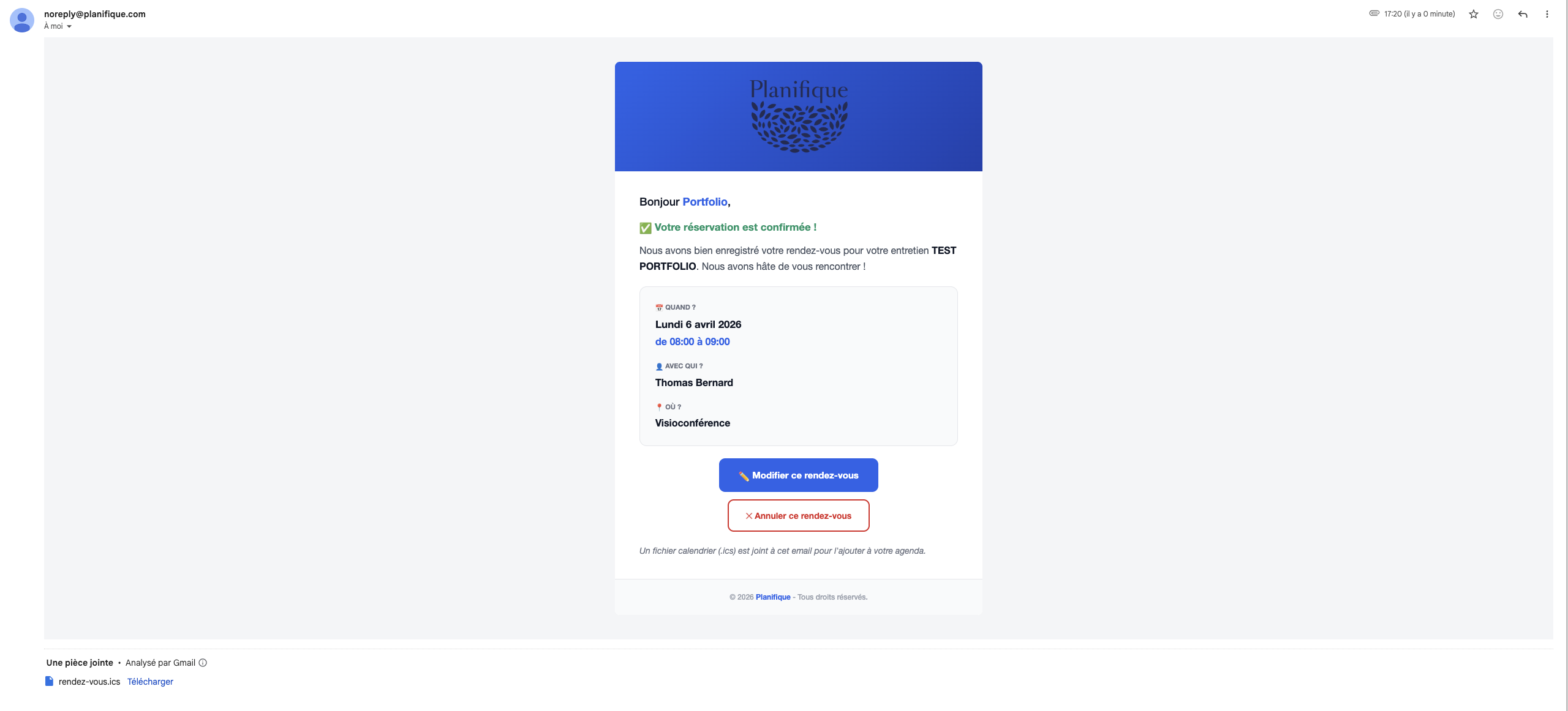 Email de confirmation Planifique