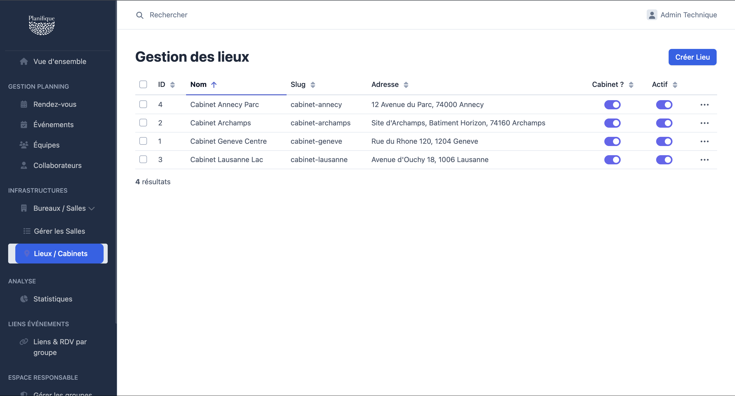 Gestion des lieux Planifique