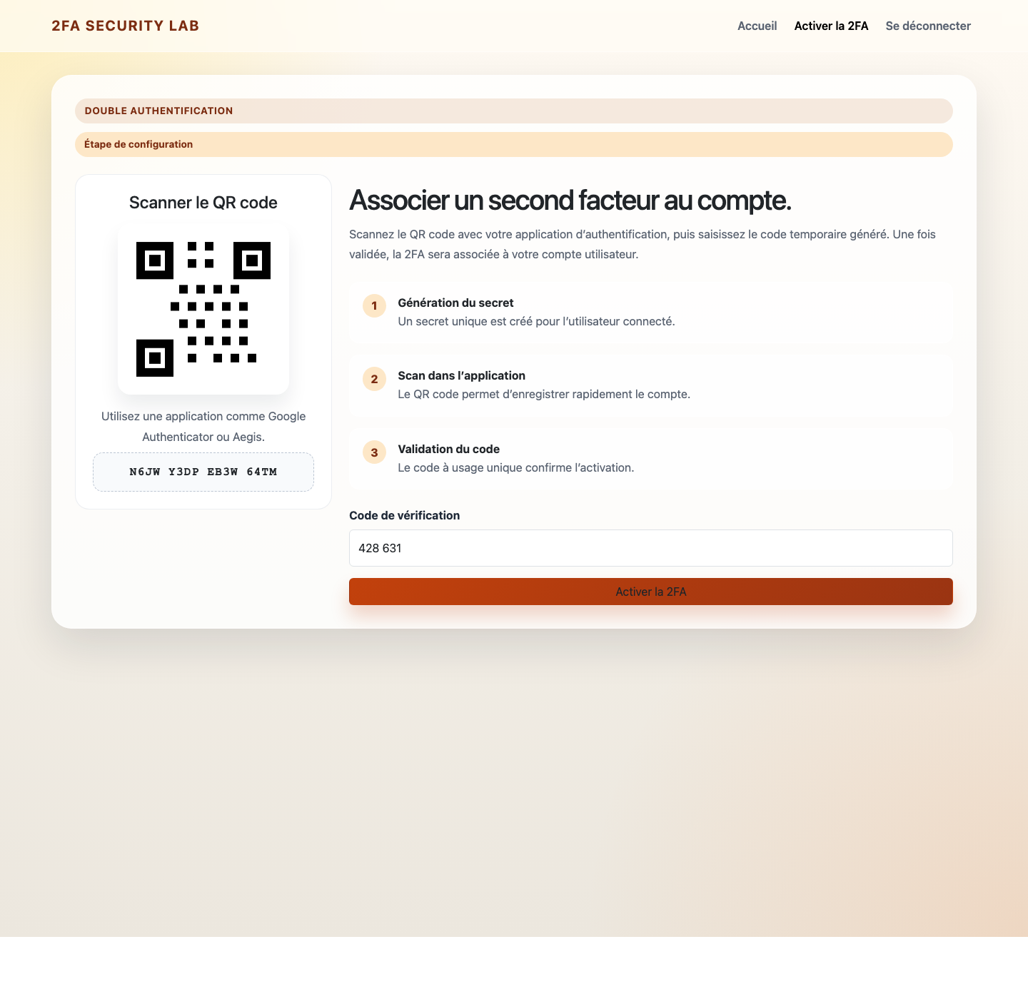 Activation de la 2FA avec QR code