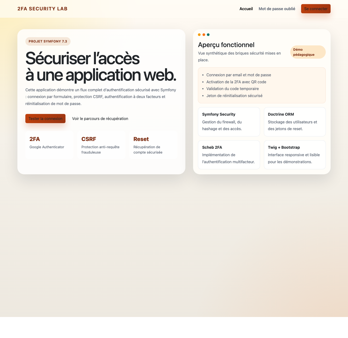Page d'accueil Symfony 2FA