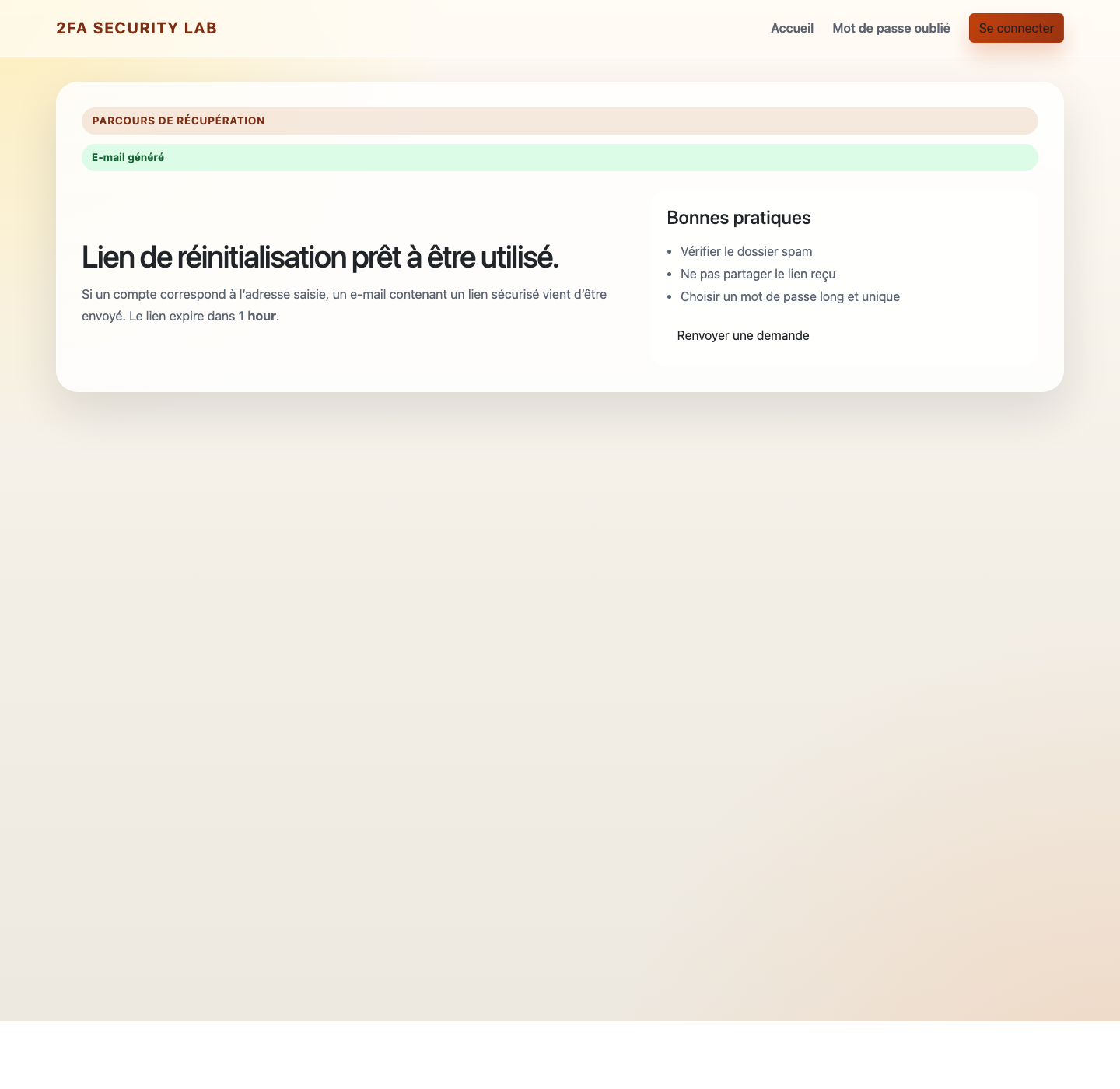 Confirmation d'envoi du lien de reset